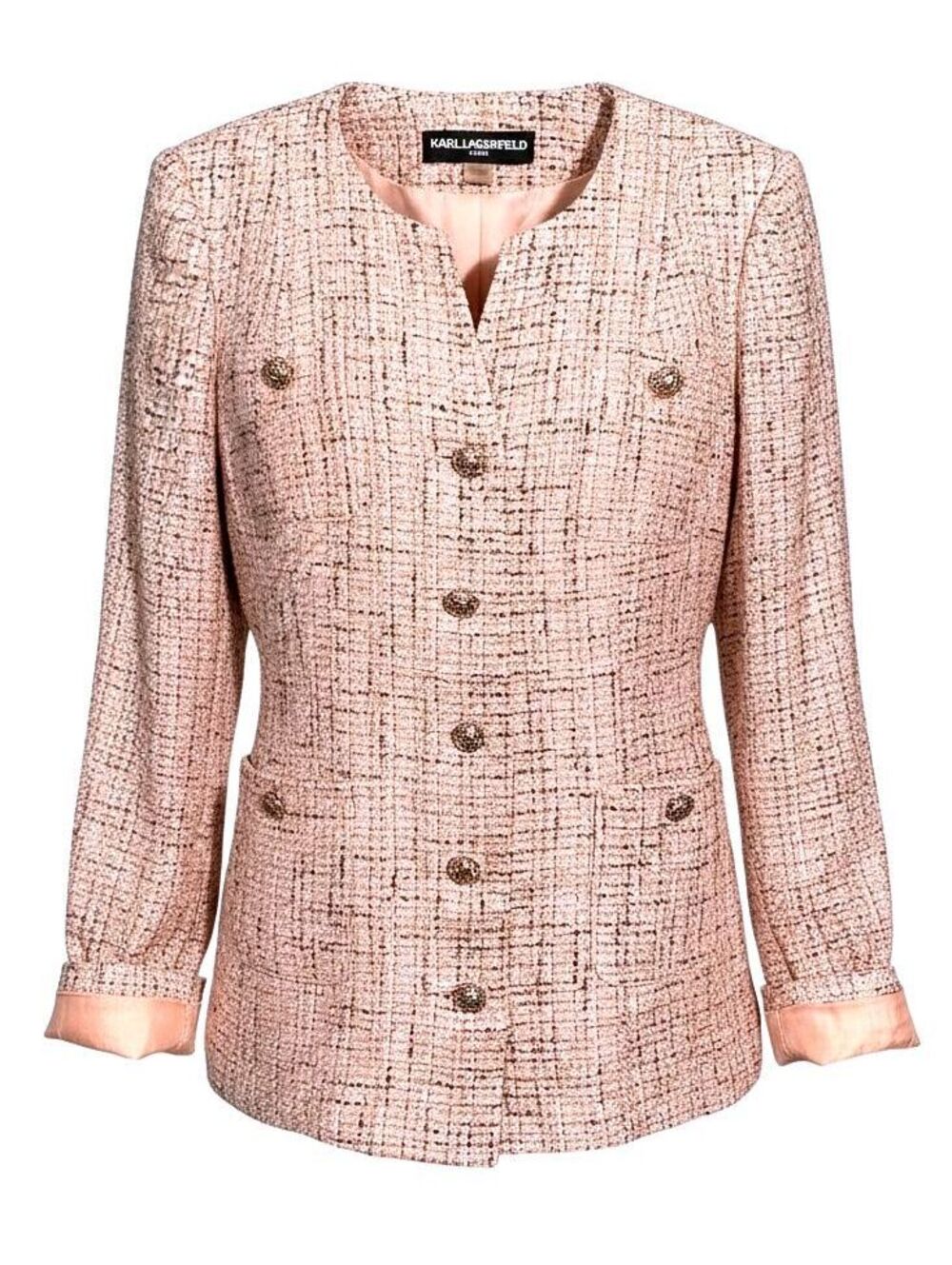 KARL LAGERFELD Paris Womens 10 Pink Multi Tweed Gold-Button Pocket Jacket Blazer